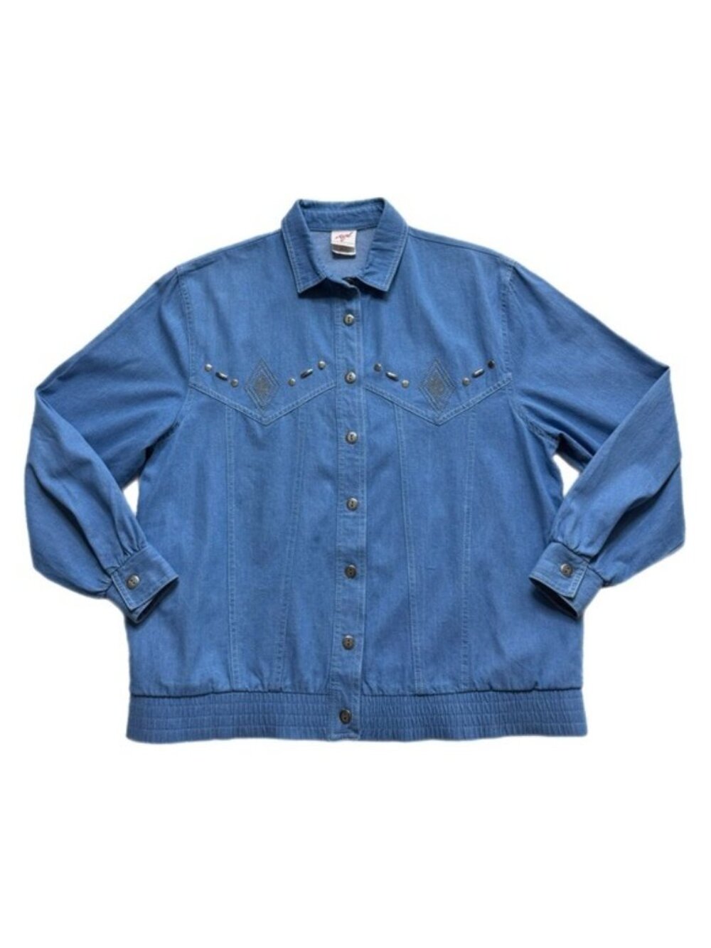 VTG 80s Blue Chambray Denim Studded Bomber Jacket M Festival Western Fall